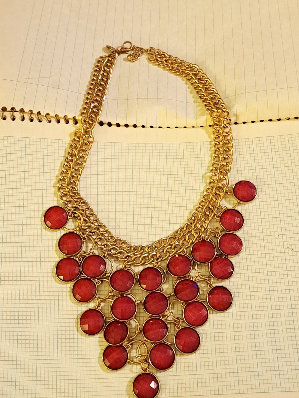 Charming Charlie Gold-Tone Bib Necklace with Red Faceted Discs